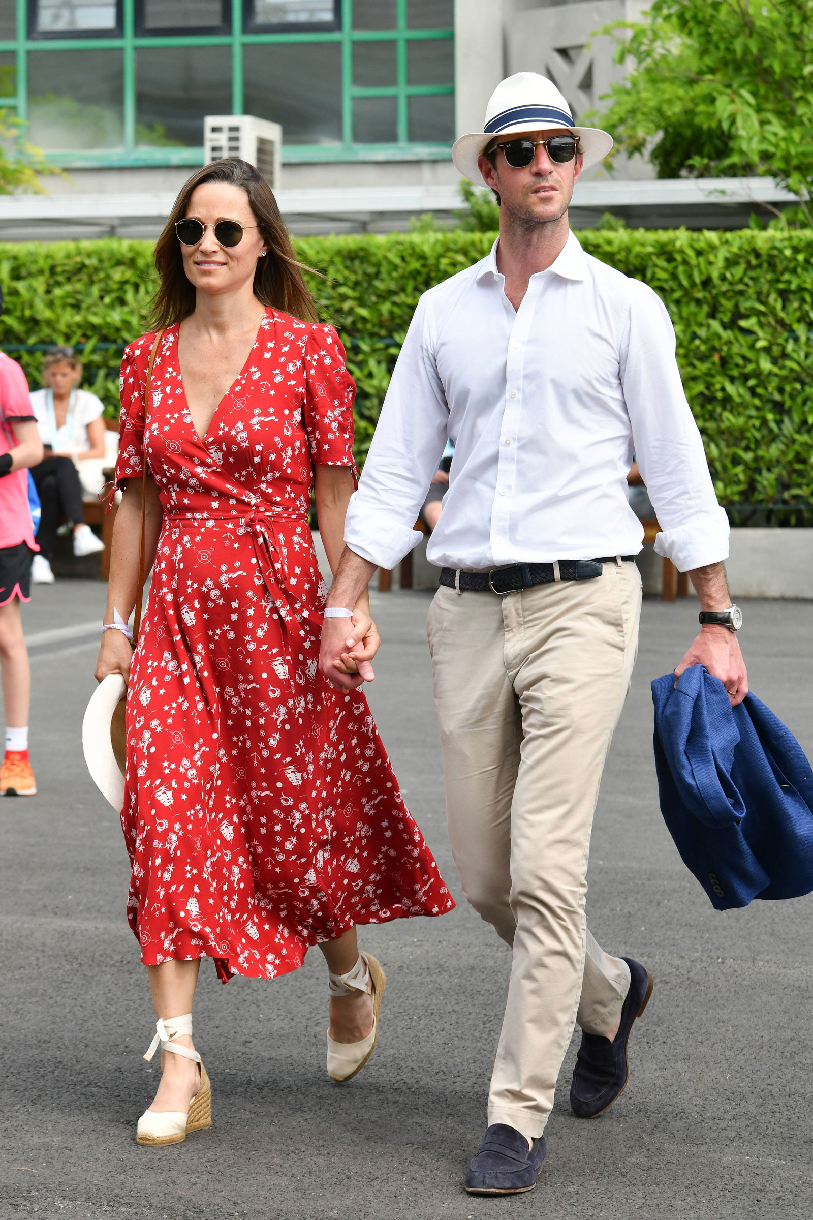 Pippa Middleton Red Floral Wrap Dress  and Wedge Espadrilles